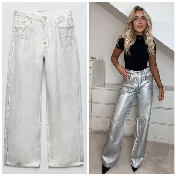 ZARA TRF MID-RISE STRAIGHT METALLIC JEANS - Picture 1 of 7